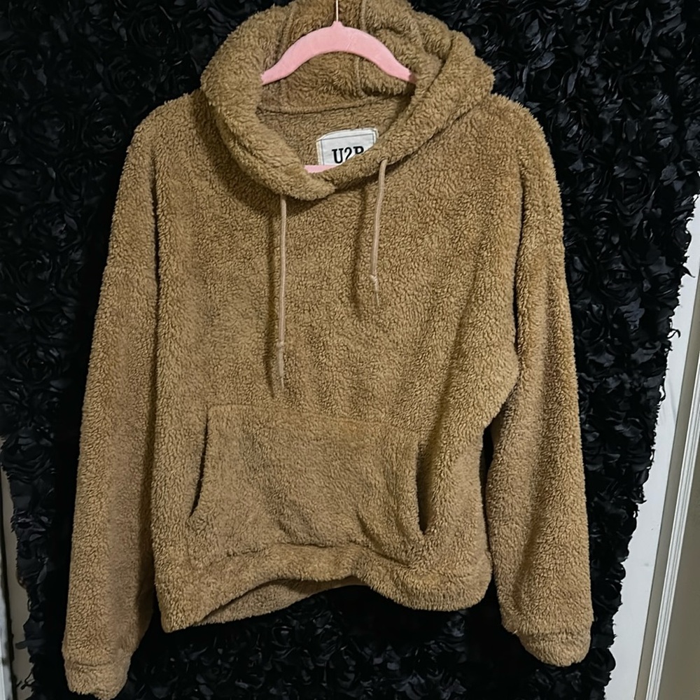 U2B Urban Basics Teddy Fleece Hoodie Medium M Tan Camel Cabincore Sherpa Fuzzy